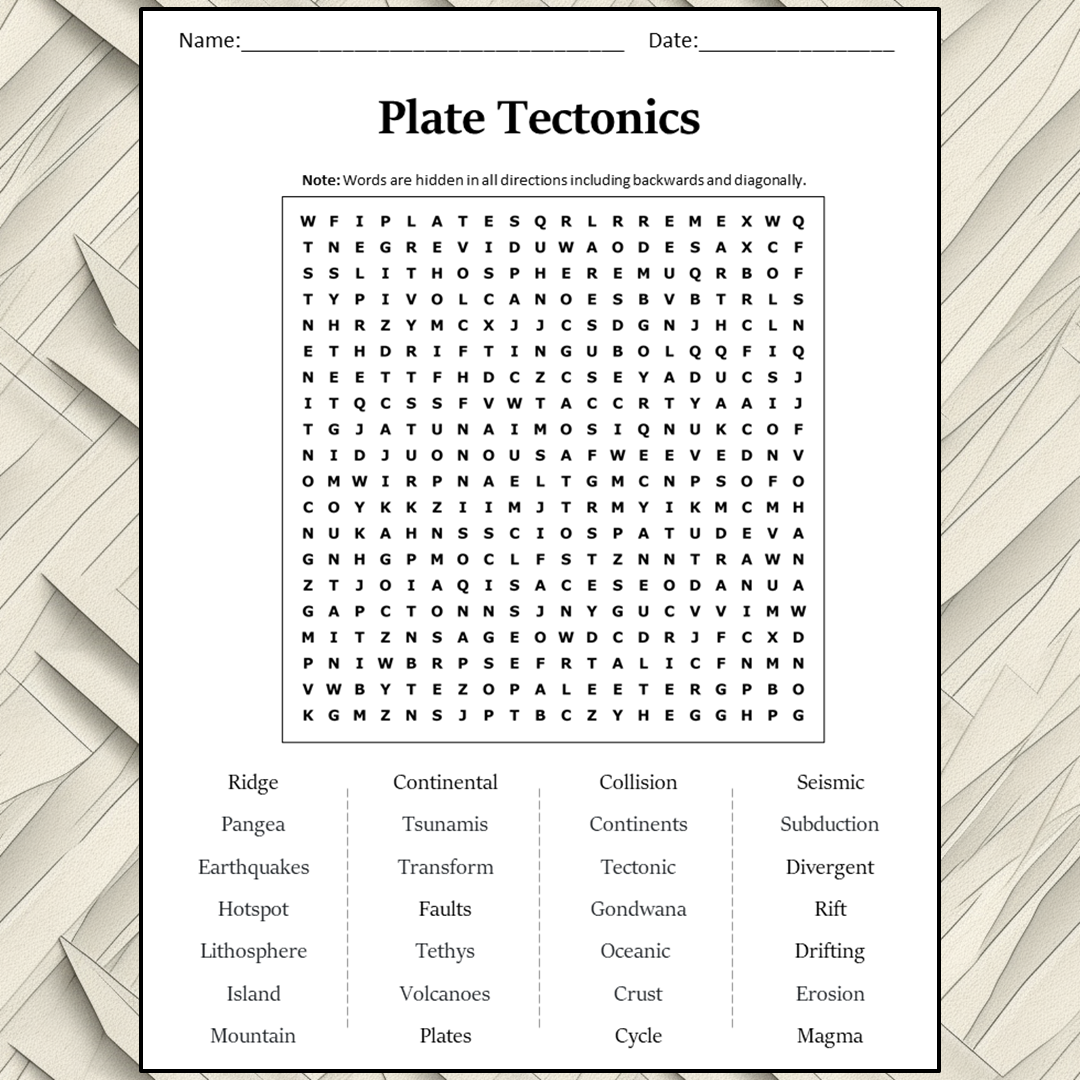 Plate Tectonics Word Search Puzzle Worksheet Activity PDF