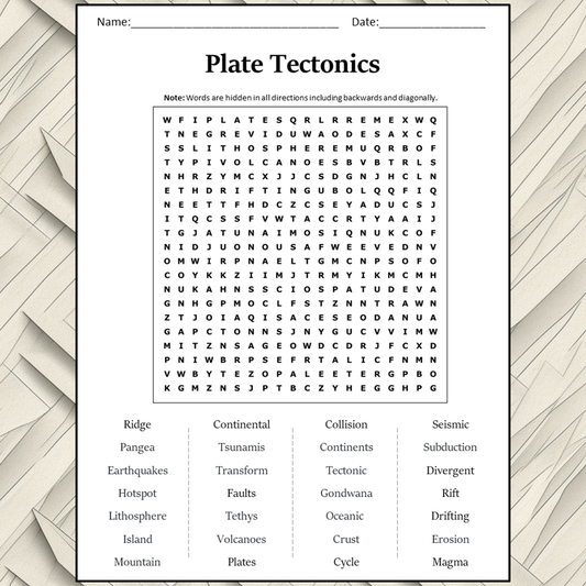Plate Tectonics Word Search Puzzle Worksheet Activity PDF