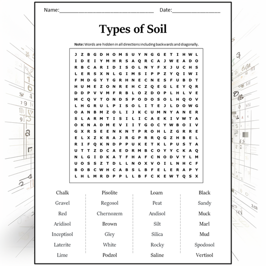 Types Of Soil Word Search Puzzle Worksheet Activity PDF