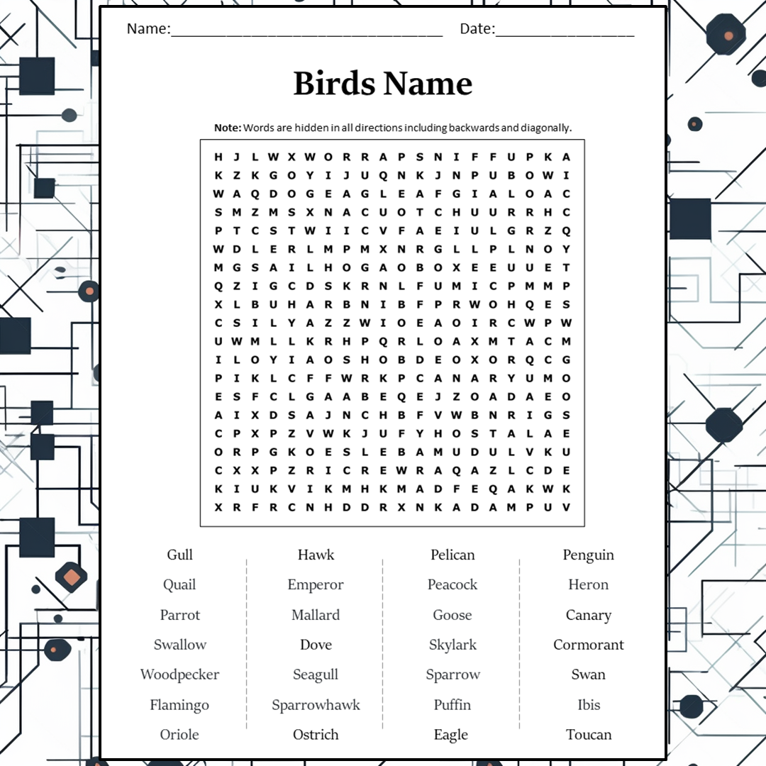 Birds Name Word Search Puzzle Worksheet Activity PDF