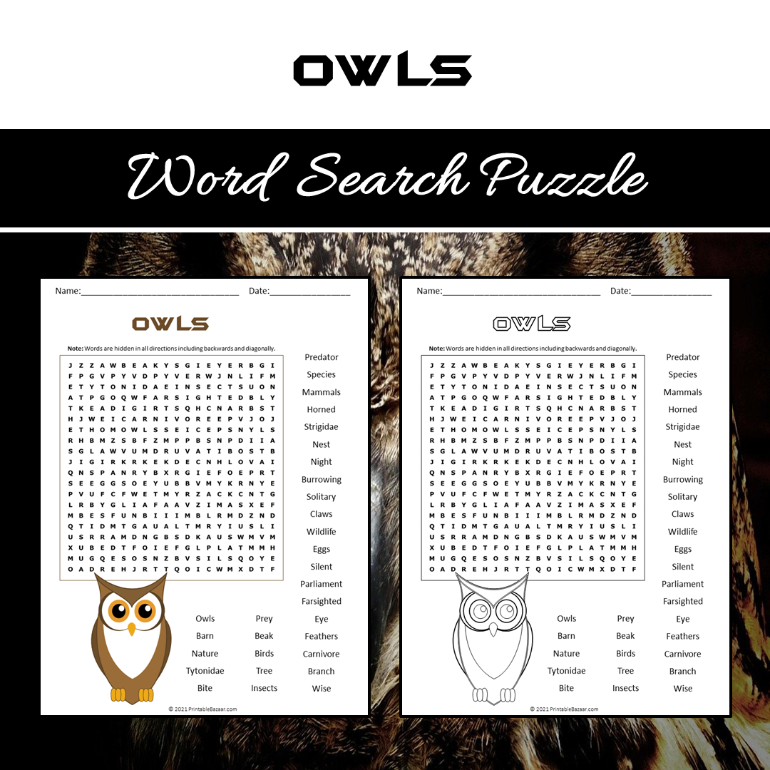 Owls Word Search Puzzle Worksheet PDF