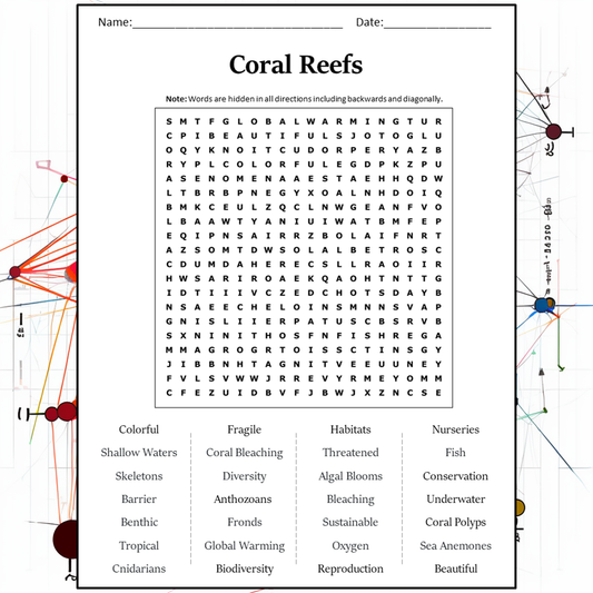 Coral Reefs Word Search Puzzle Worksheet Activity PDF