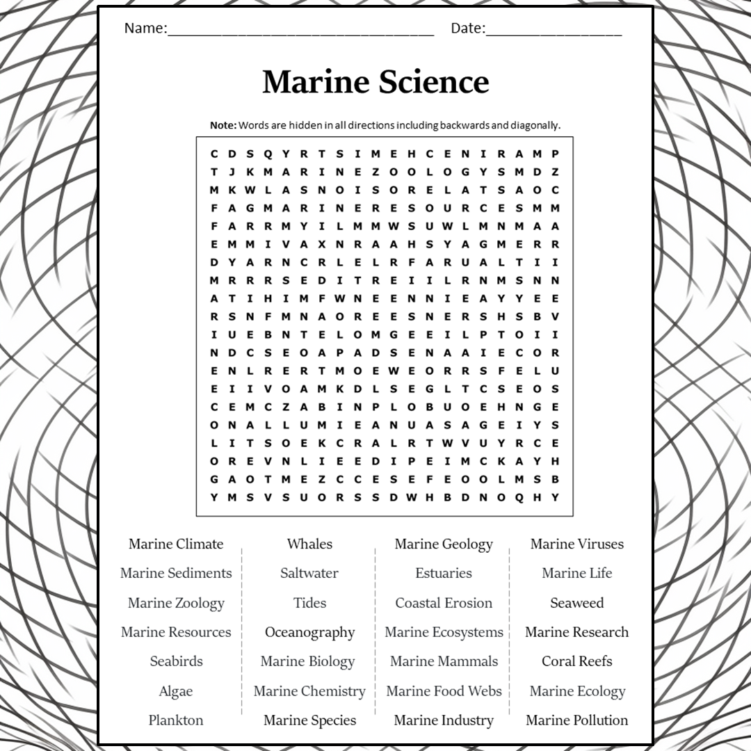 Marine Science Word Search Puzzle Worksheet Activity PDF