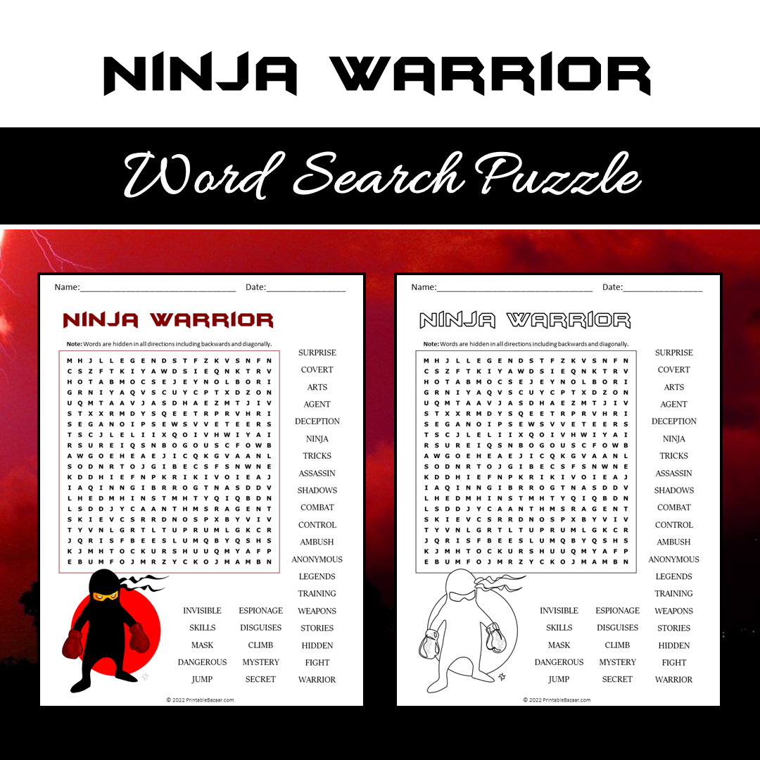 Ninja Warrior Word Search Puzzle Worksheet PDF