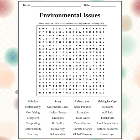 Environmental Issues Word Search Puzzle Worksheet Activity PDF