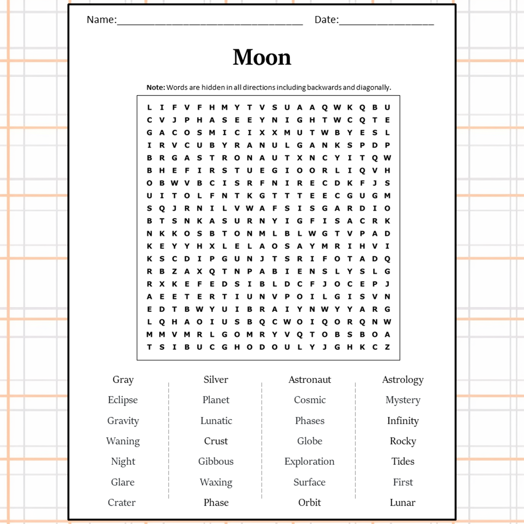 Moon Word Search Puzzle Worksheet Activity PDF