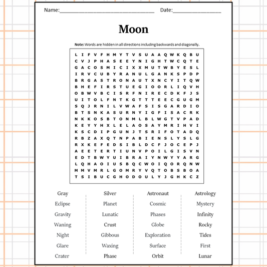 Moon Word Search Puzzle Worksheet Activity PDF