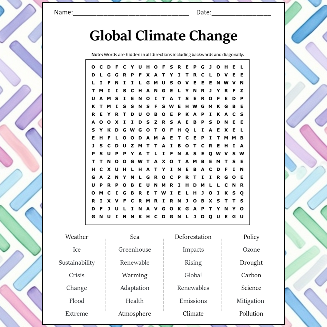 Global Climate Change Word Search Puzzle Worksheet Activity PDF