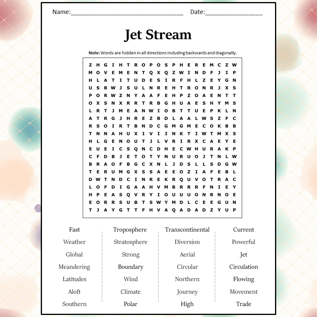 Jet Stream Word Search Puzzle Worksheet Activity PDF