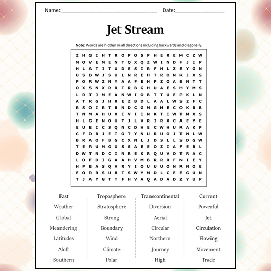 Jet Stream Word Search Puzzle Worksheet Activity PDF