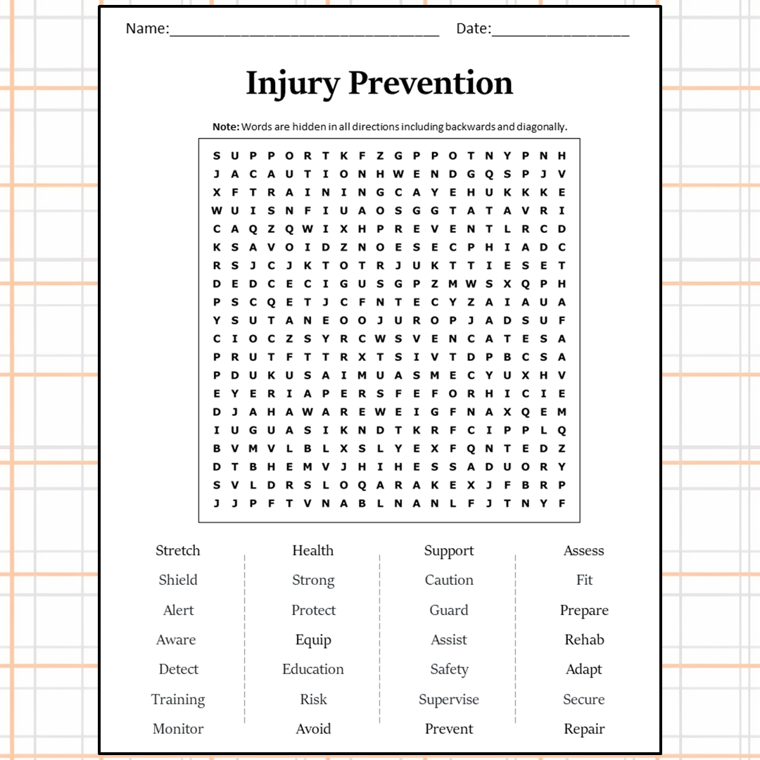 Injury Prevention Word Search Puzzle Worksheet Activity PDF