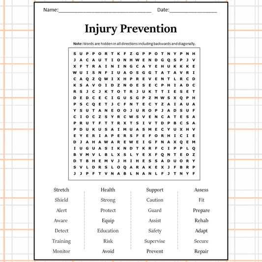 Injury Prevention Word Search Puzzle Worksheet Activity PDF