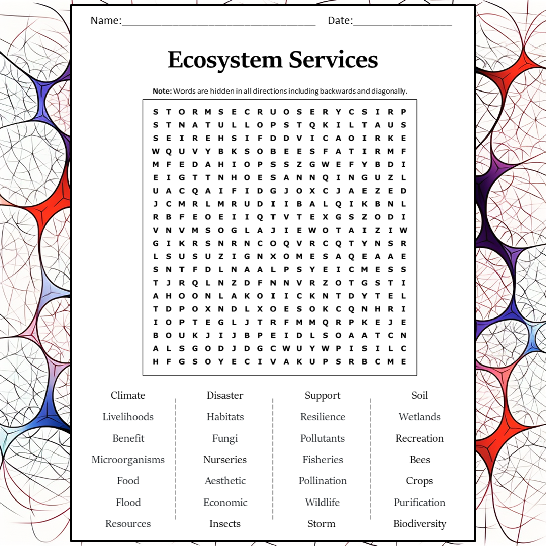 Ecosystem Services Word Search Puzzle Worksheet Activity PDF