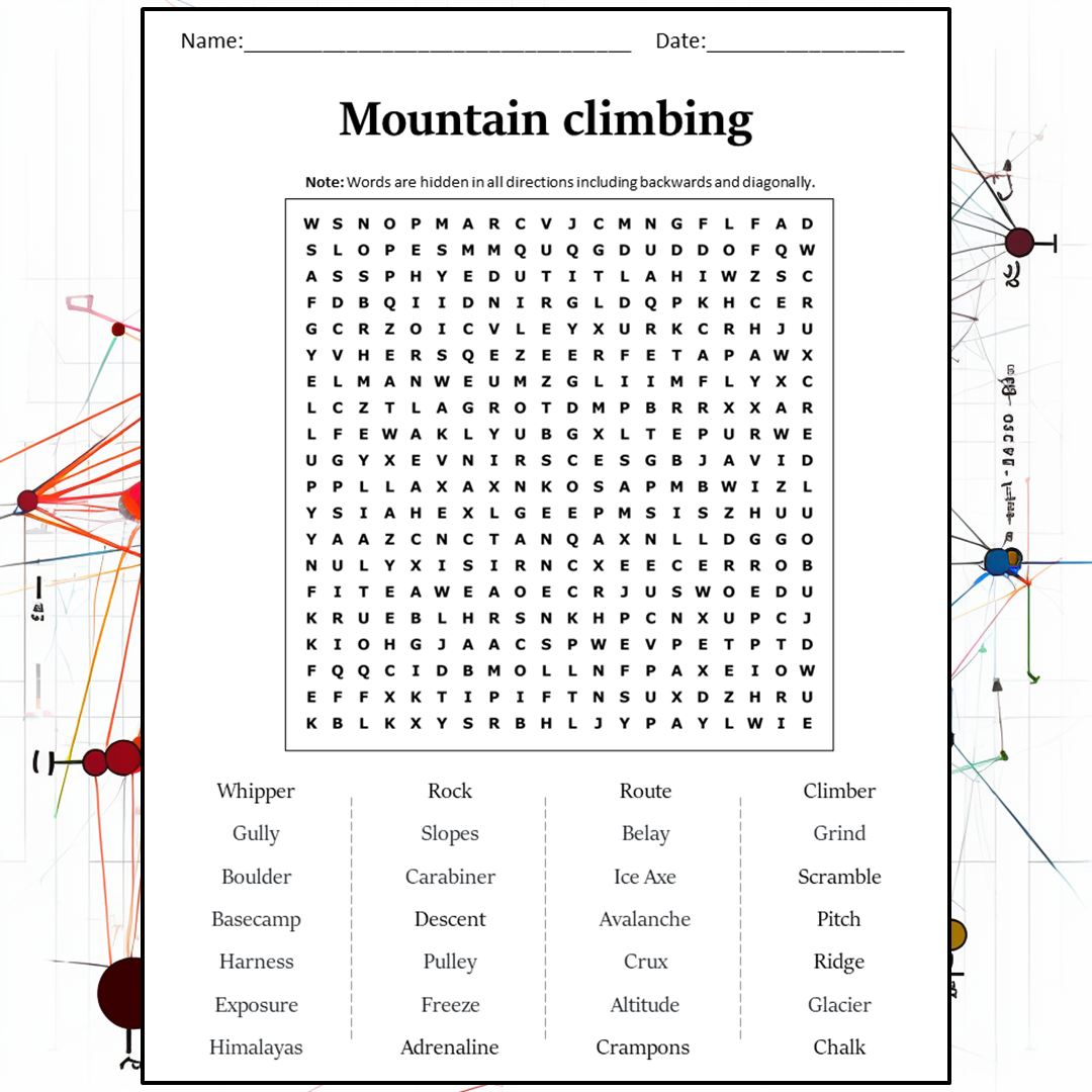 Mountain Climbing Word Search Puzzle Worksheet Activity PDF