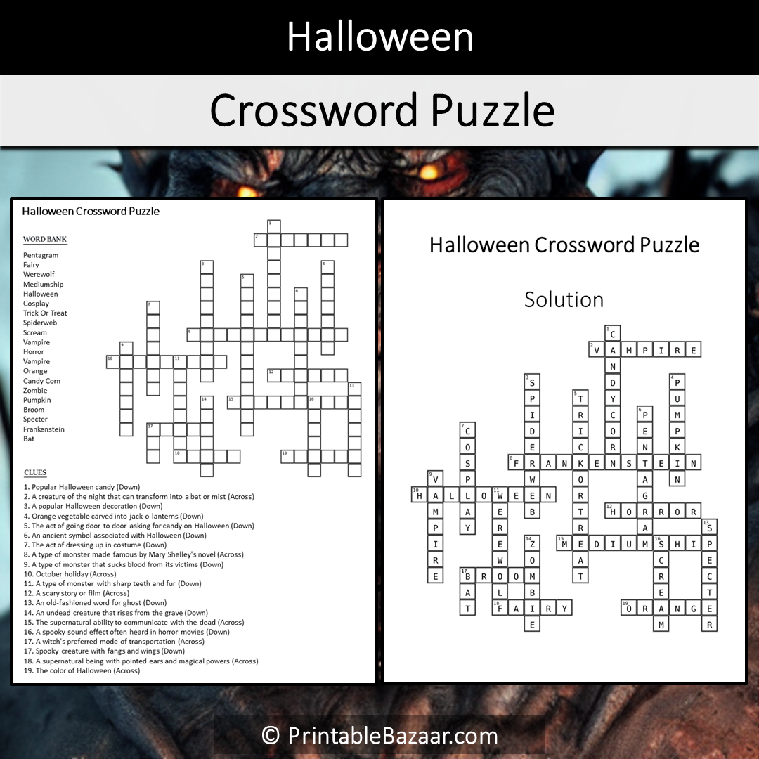 Halloween Crossword Puzzle Worksheet Activity Printable PDF