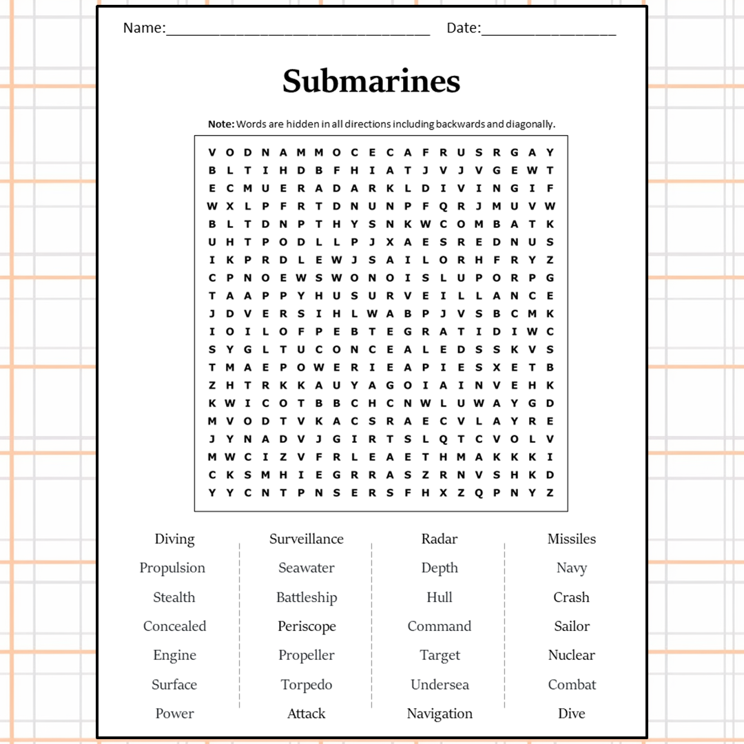 Submarines Word Search Puzzle Worksheet Activity PDF – PrintableBazaar