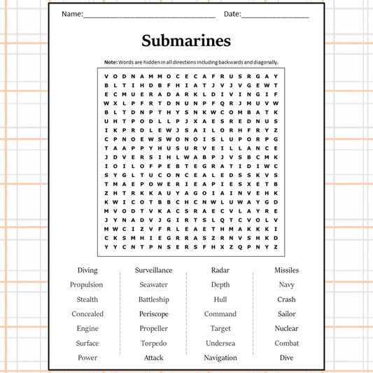 Submarines Word Search Puzzle Worksheet Activity PDF