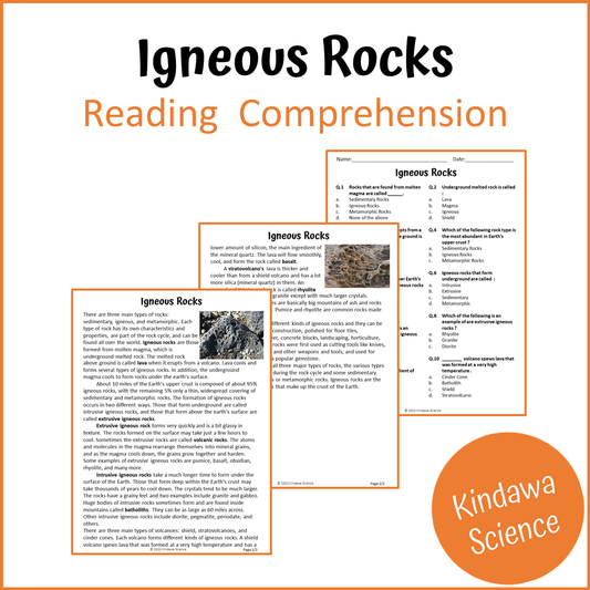 Igneous Rocks Reading Comprehension Passage and Questions | Printable PDF