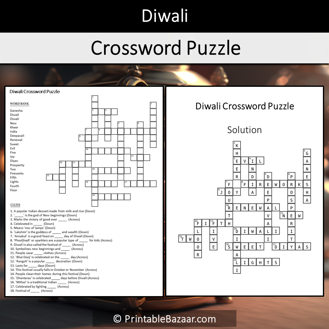 Diwali Crossword Puzzle Worksheet Activity Printable PDF