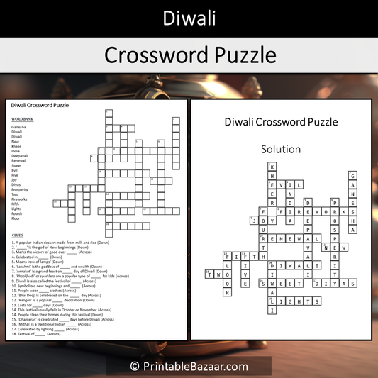 Diwali Crossword Puzzle Worksheet Activity Printable PDF