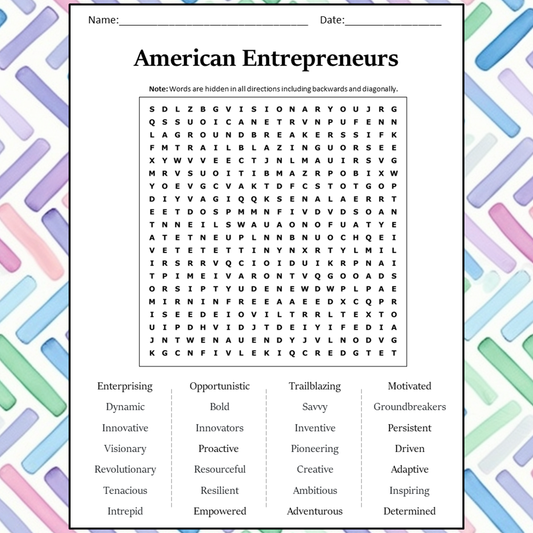 American Entrepreneurs Word Search Puzzle Worksheet Activity PDF