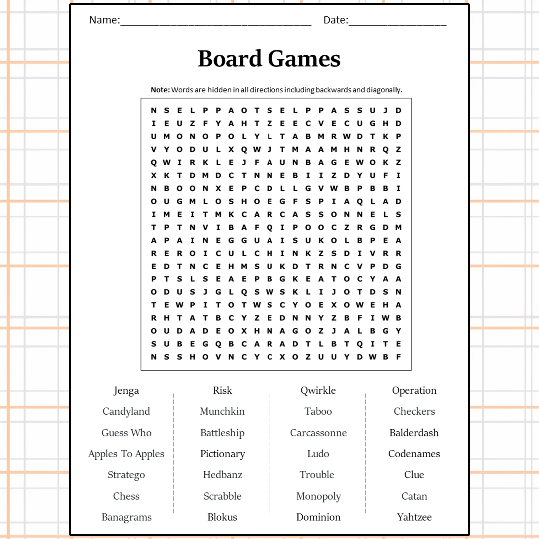 Board Games Word Search Puzzle Worksheet Activity PDF