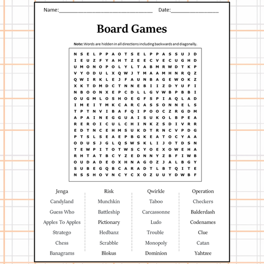 Board Games Word Search Puzzle Worksheet Activity PDF