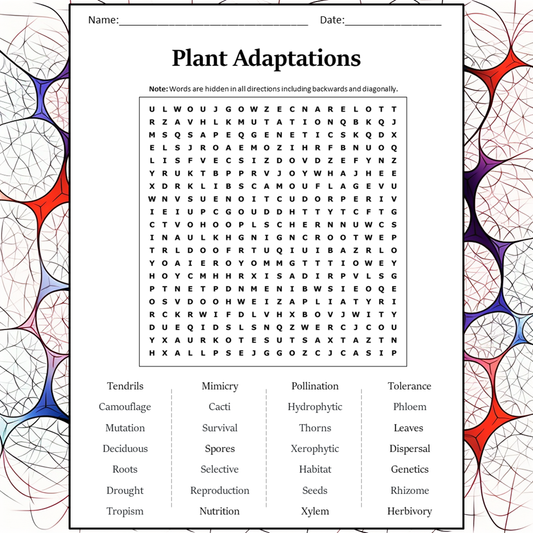 Plant Adaptations Word Search Puzzle Worksheet Activity PDF