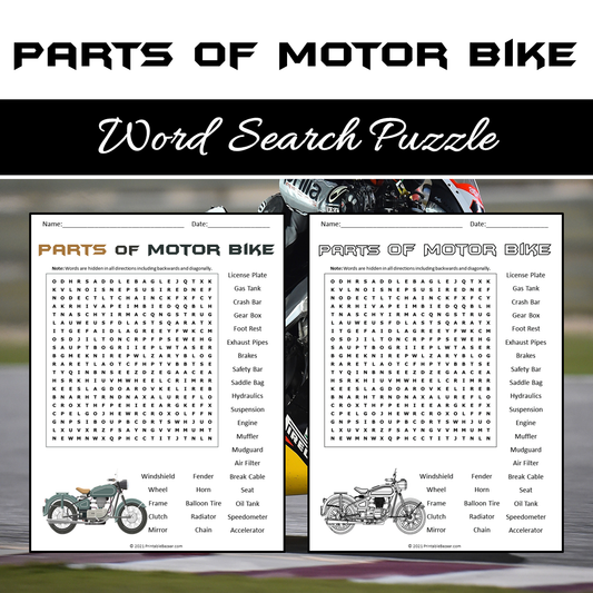 Parts Of Motor Bike Word Search Puzzle Worksheet PDF