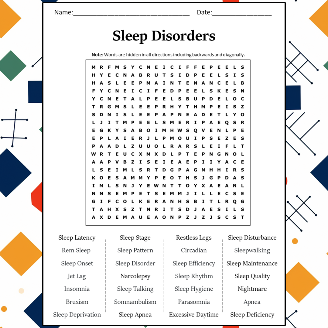 Sleep Disorders Word Search Puzzle Worksheet Activity PDF