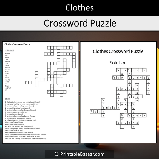 Clothes Crossword Puzzle Worksheet Activity Printable PDF