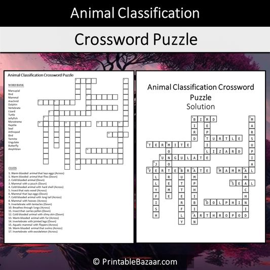 Animal Classification Crossword Puzzle Worksheet Activity Printable PDF