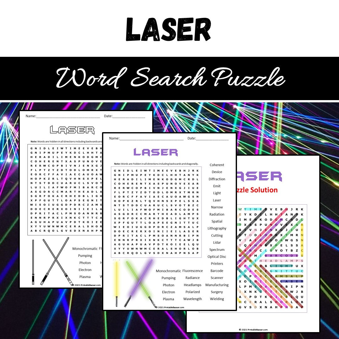 Laser Word Search Puzzle Worksheet PDF