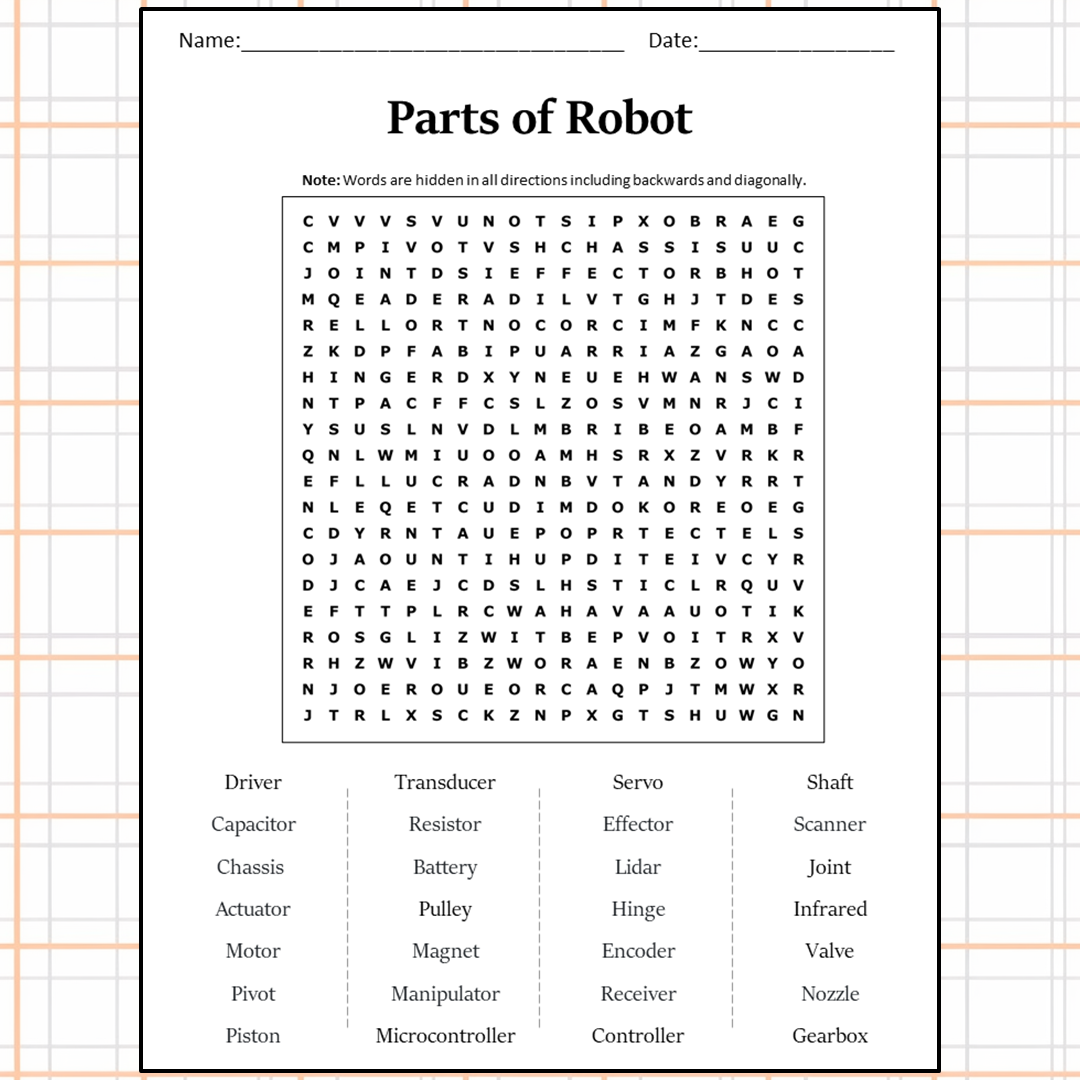 Parts Of Robot Word Search Puzzle Worksheet Activity PDF