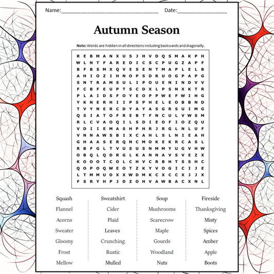 Autumn Season Word Search Puzzle Worksheet Activity PDF