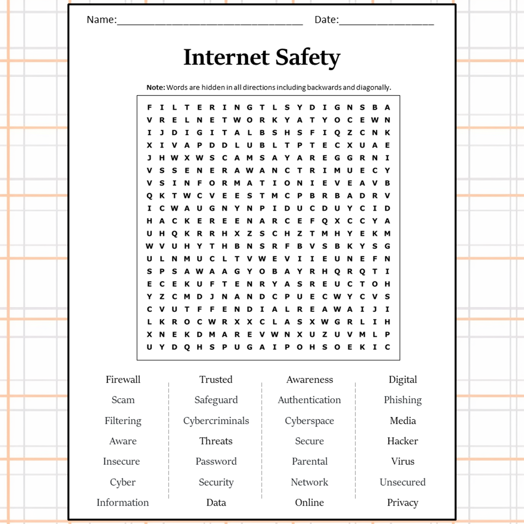 Internet Safety Word Search Puzzle Worksheet Activity PDF