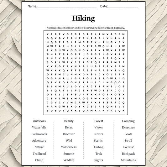 Hiking Word Search Puzzle Worksheet Activity PDF