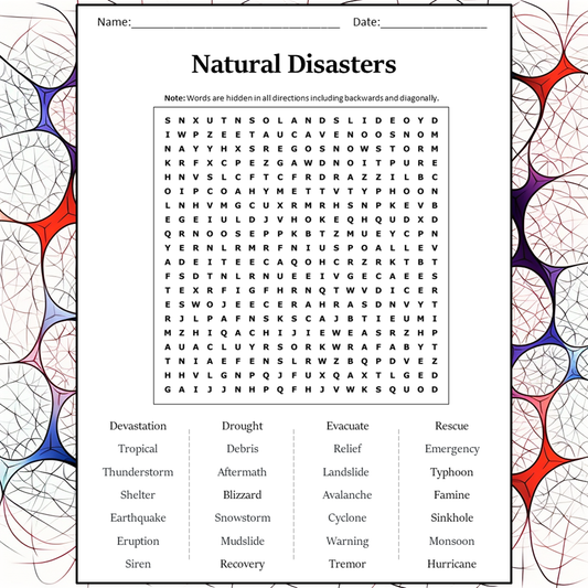 Natural Disasters Word Search Puzzle Worksheet Activity PDF