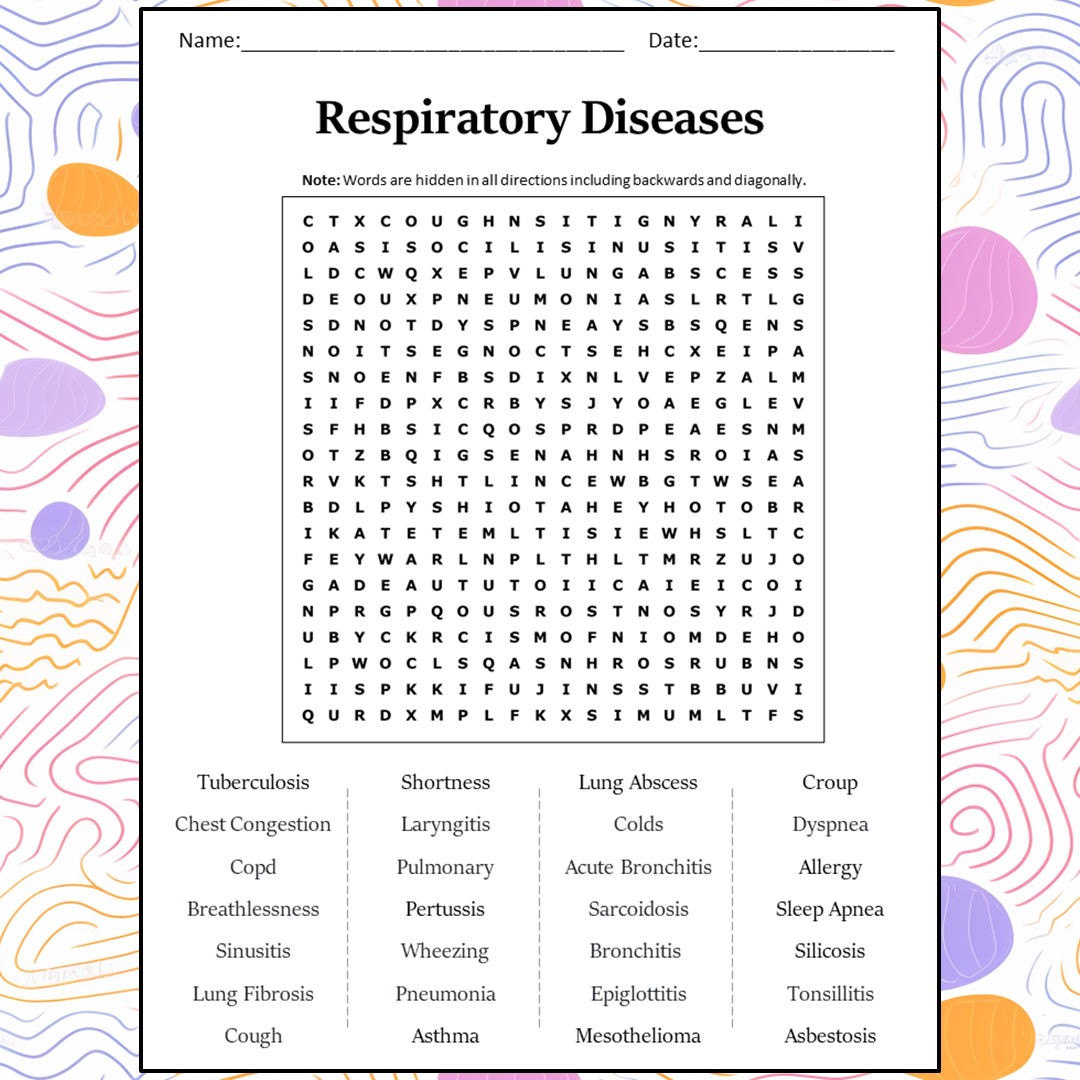 Respiratory Diseases Word Search Puzzle Worksheet Activity PDF