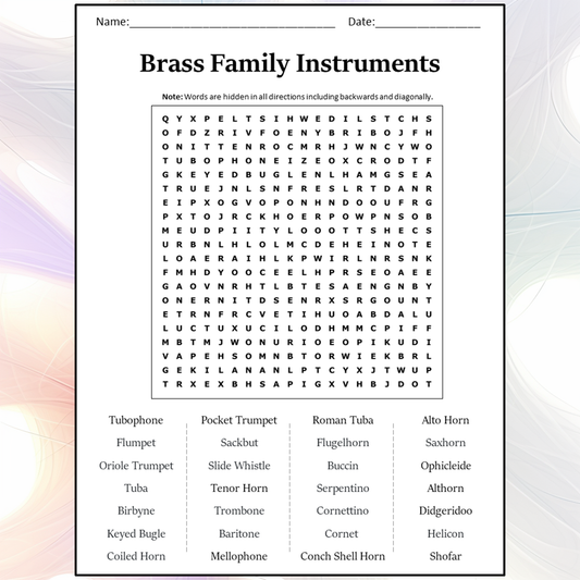 Brass Family Instruments Word Search Puzzle Worksheet Activity PDF