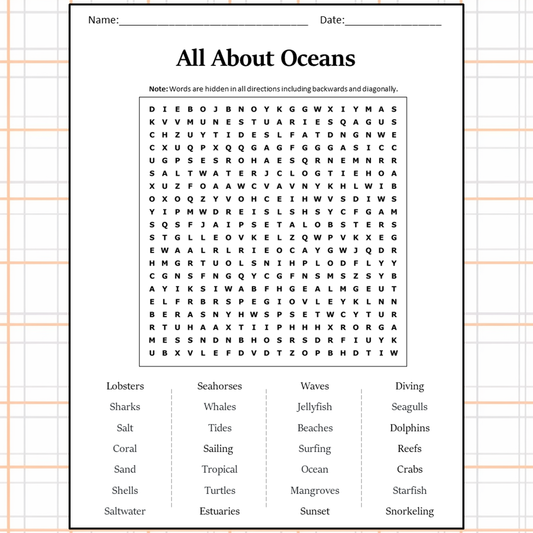 All About Oceans Word Search Puzzle Worksheet Activity PDF