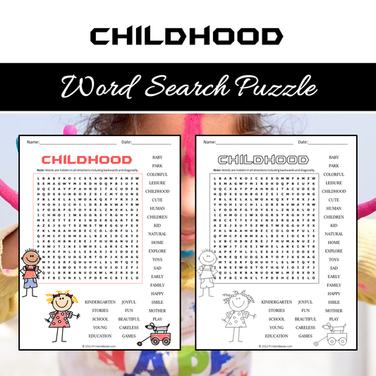 Childhood Word Search Puzzle Worksheet PDF