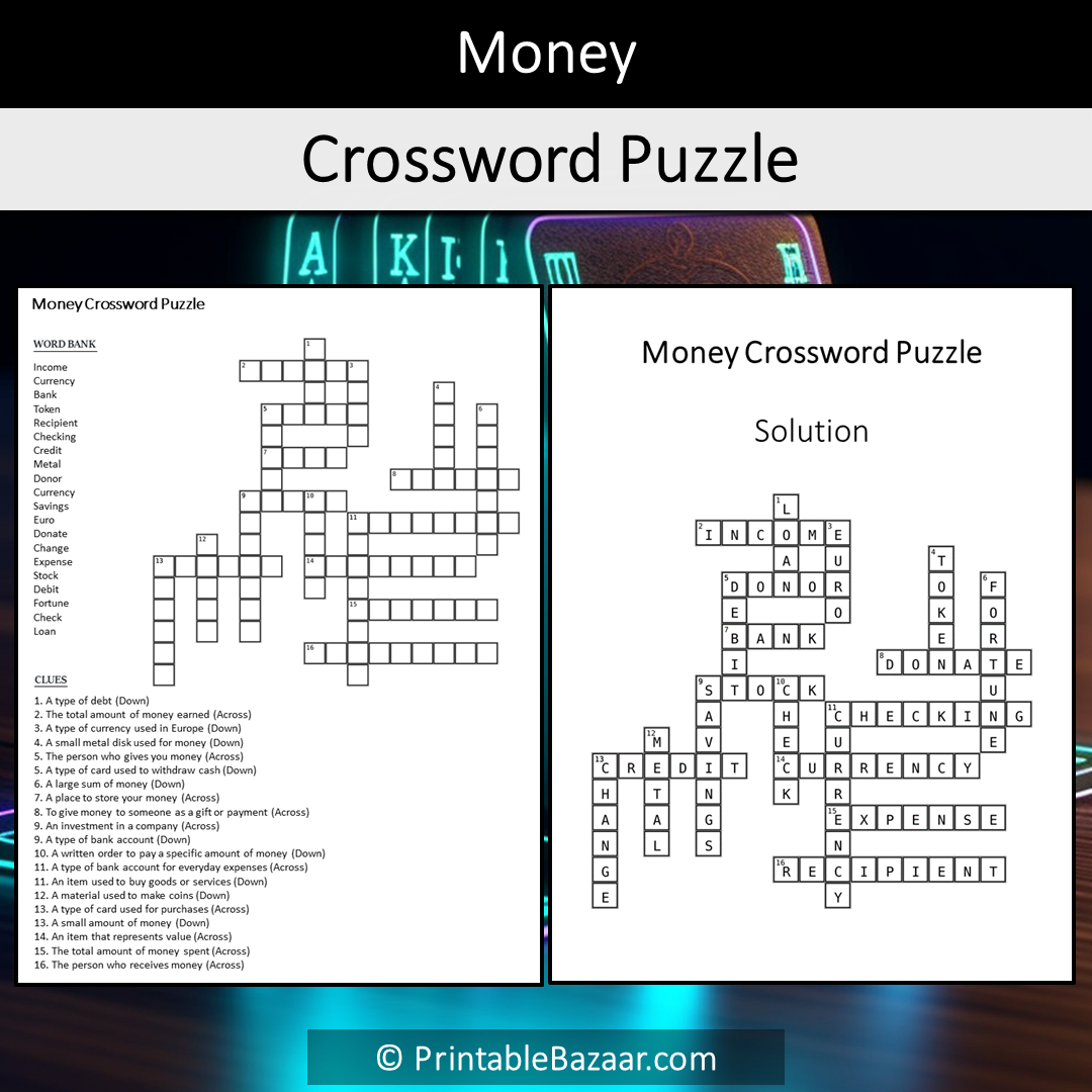 Money Crossword Puzzle Worksheet Activity Printable PDF