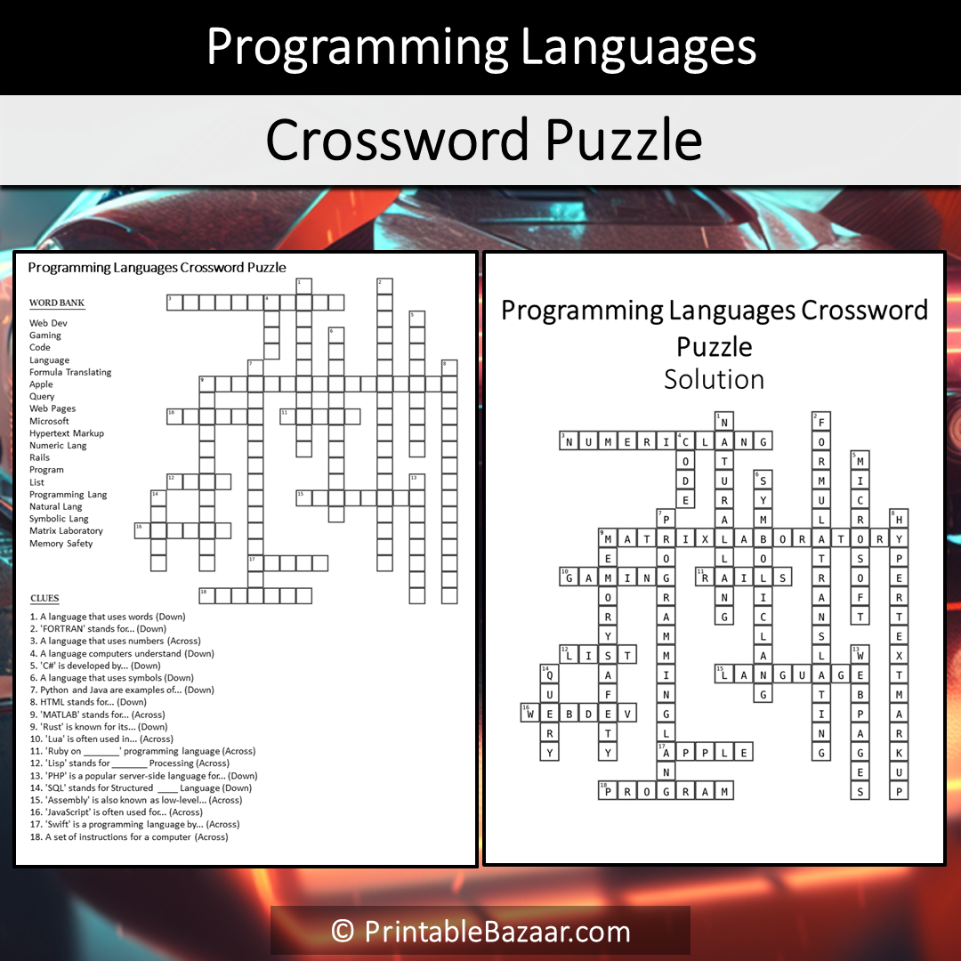 Programming Languages Crossword Puzzle Worksheet Activity Printable PDF