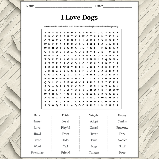 I Love Dogs Word Search Puzzle Worksheet Activity PDF