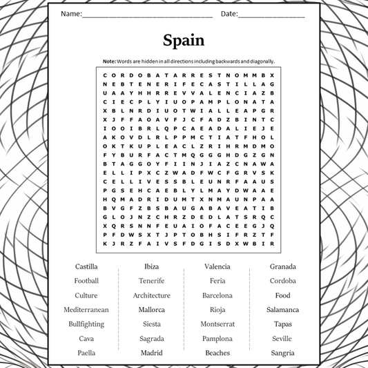 Spain Word Search Puzzle Worksheet Activity PDF