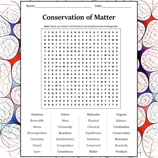 Conservation Of Matter Word Search Puzzle Worksheet Activity PDF