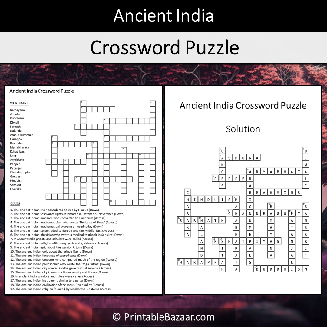 Ancient India Crossword Puzzle Worksheet Activity Printable PDF