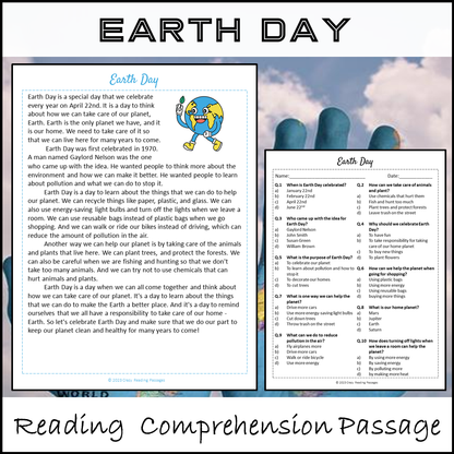 Earth Day Reading Comprehension Passage and Questions | Printable PDF