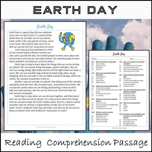 Earth Day Reading Comprehension Passage and Questions | Printable PDF